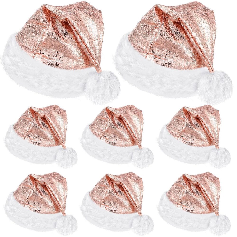 5047 8 Pcs Christmas Santa Hat for Adults Unisex Velvet Sequin Santa Hat